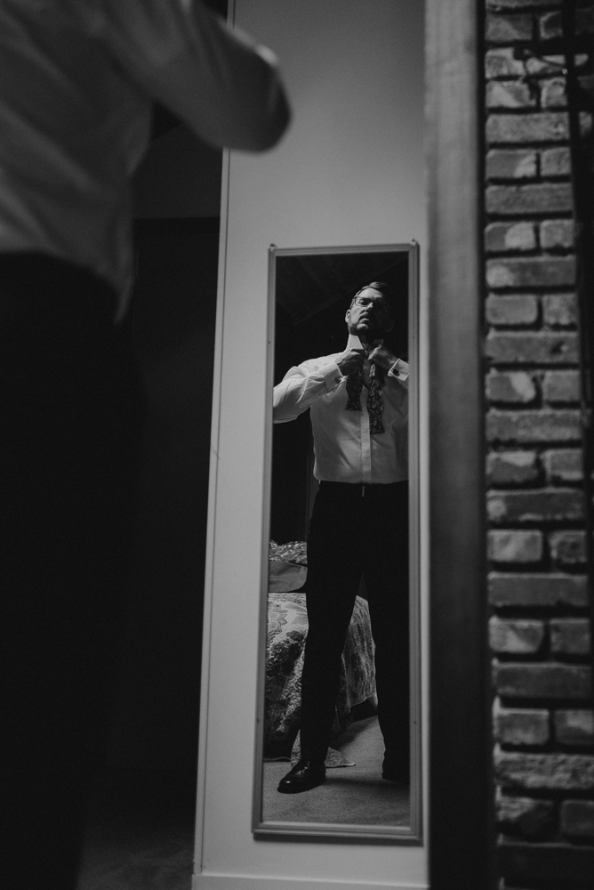 Twenty Mile House Wedding, photo of groom through the mirror