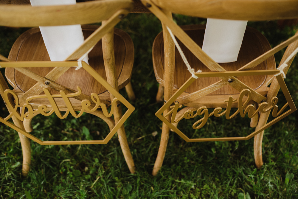 Twenty Mile House Wedding, photo of chairs that say: forever together 