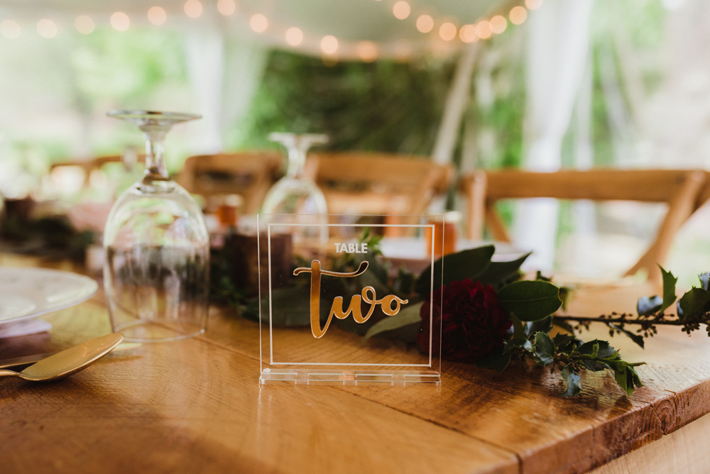 Twenty Mile House Wedding, photo of table number edged on glass