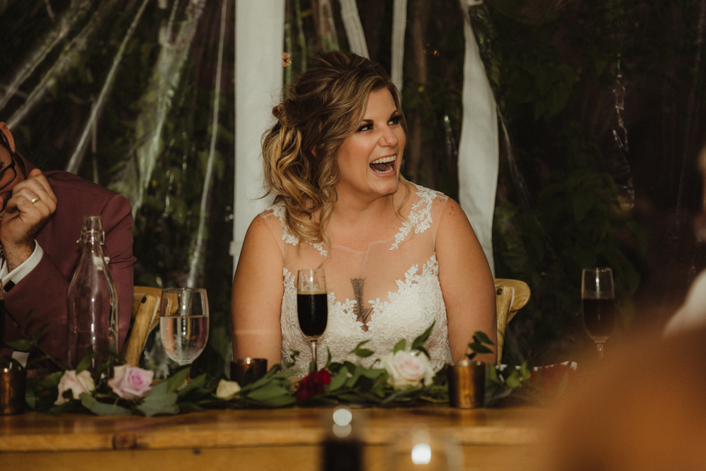 Twenty Mile House Wedding, photo of bride laughing during toasts 