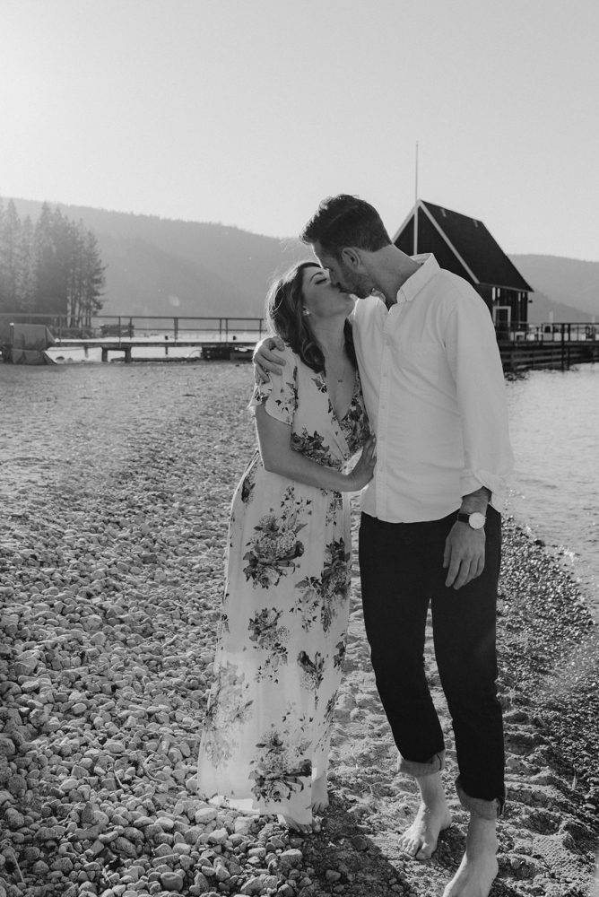 Lake Tahoe Engagement session, couple kissing at the beach