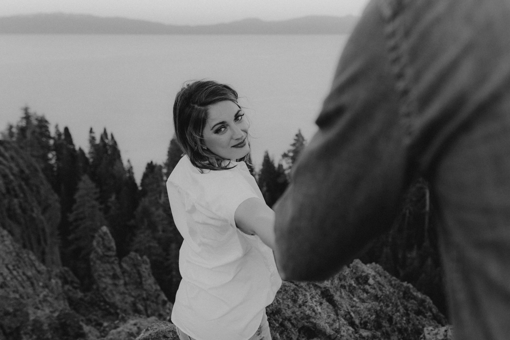 Lake Tahoe Engagement session, girl holding his hand photo