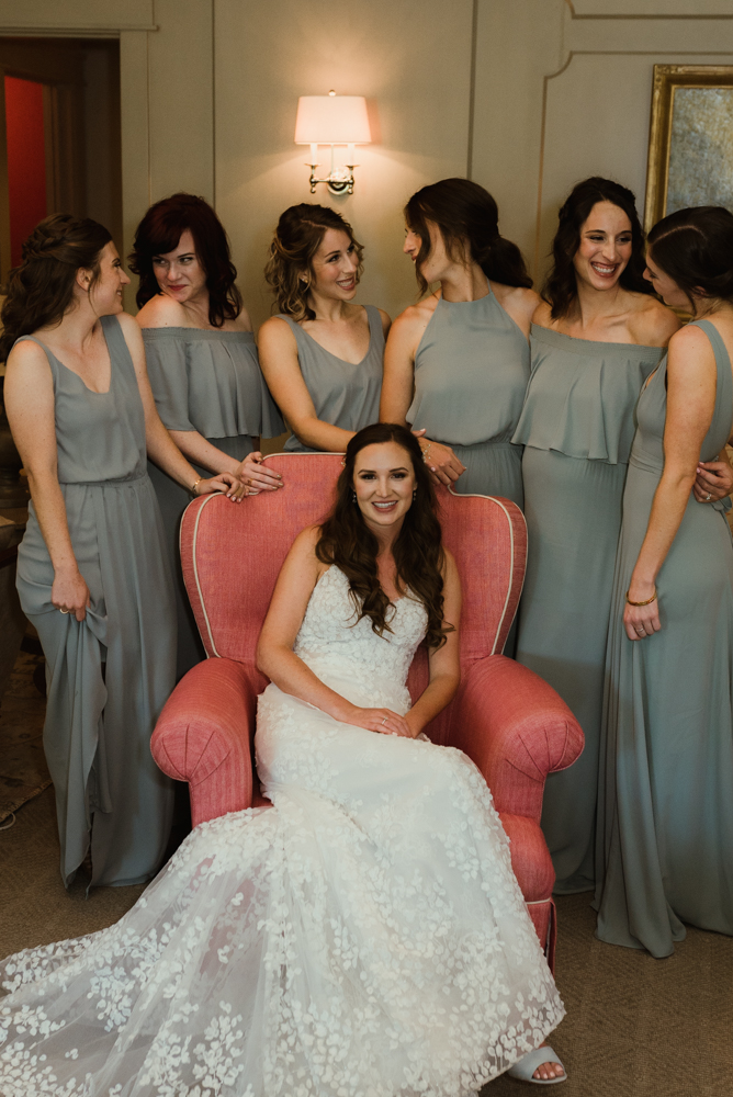 Martis Camp Wedding, bridal party photo with a victorian style