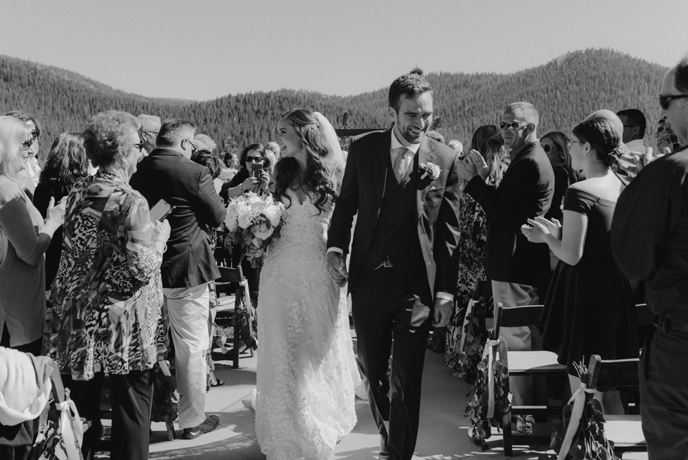 Martis Camp Wedding, couple walking down the aisle photo in b&amp;w