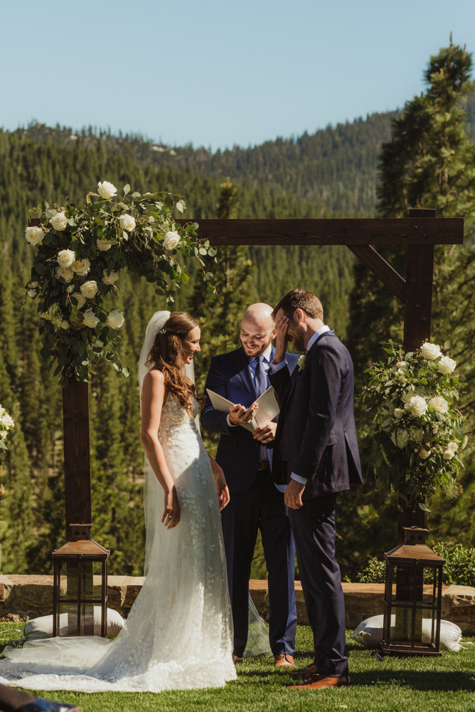 Martis Camp Wedding, couple smiling during the ceremony photo