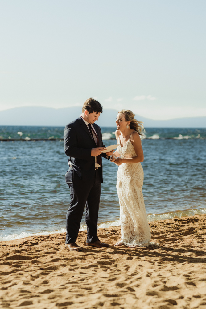 Lake Tahoe Elopement, photo of couple reading letters to each other before the ceremony