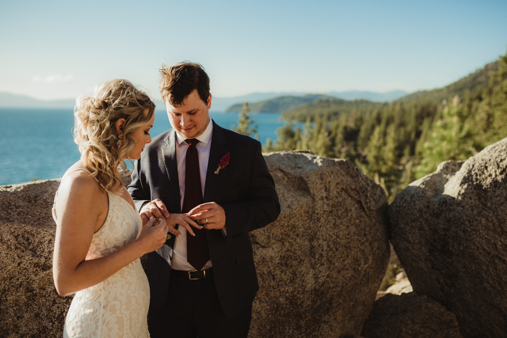 Lake Tahoe Elopement, photo of couple exchanging rings