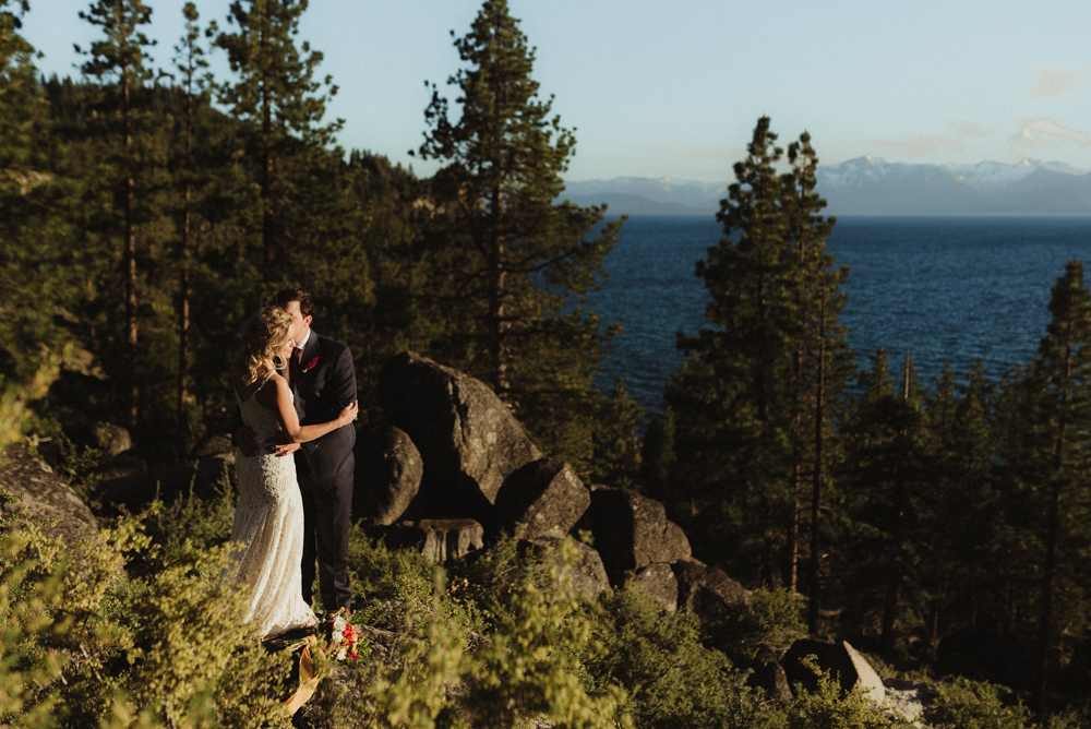 Lake Tahoe Elopement, photo of couple and Lake Tahoe in the background