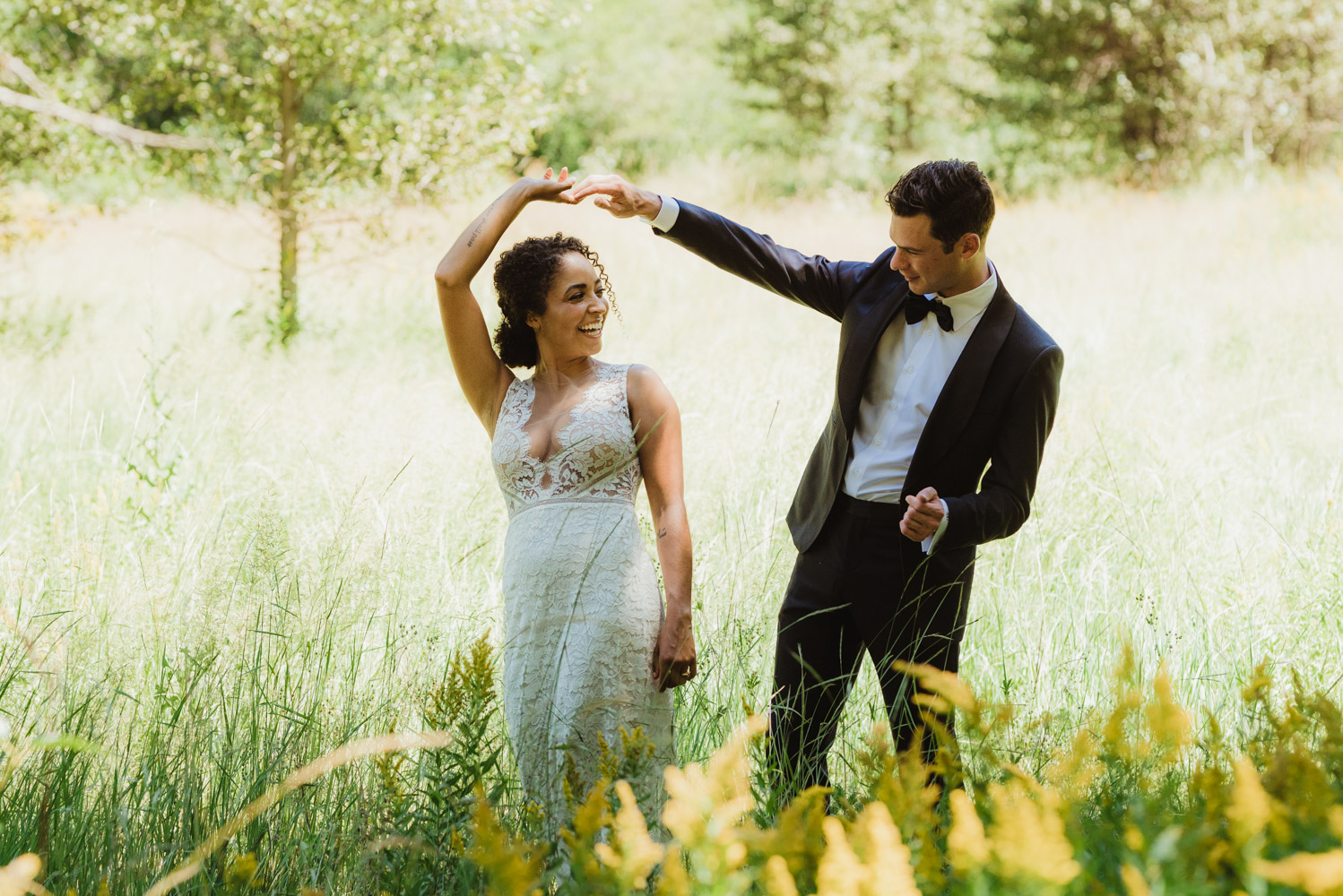 Rush Creek Lodge Wedding, photo of couple in the meadows, outside of yosemite 