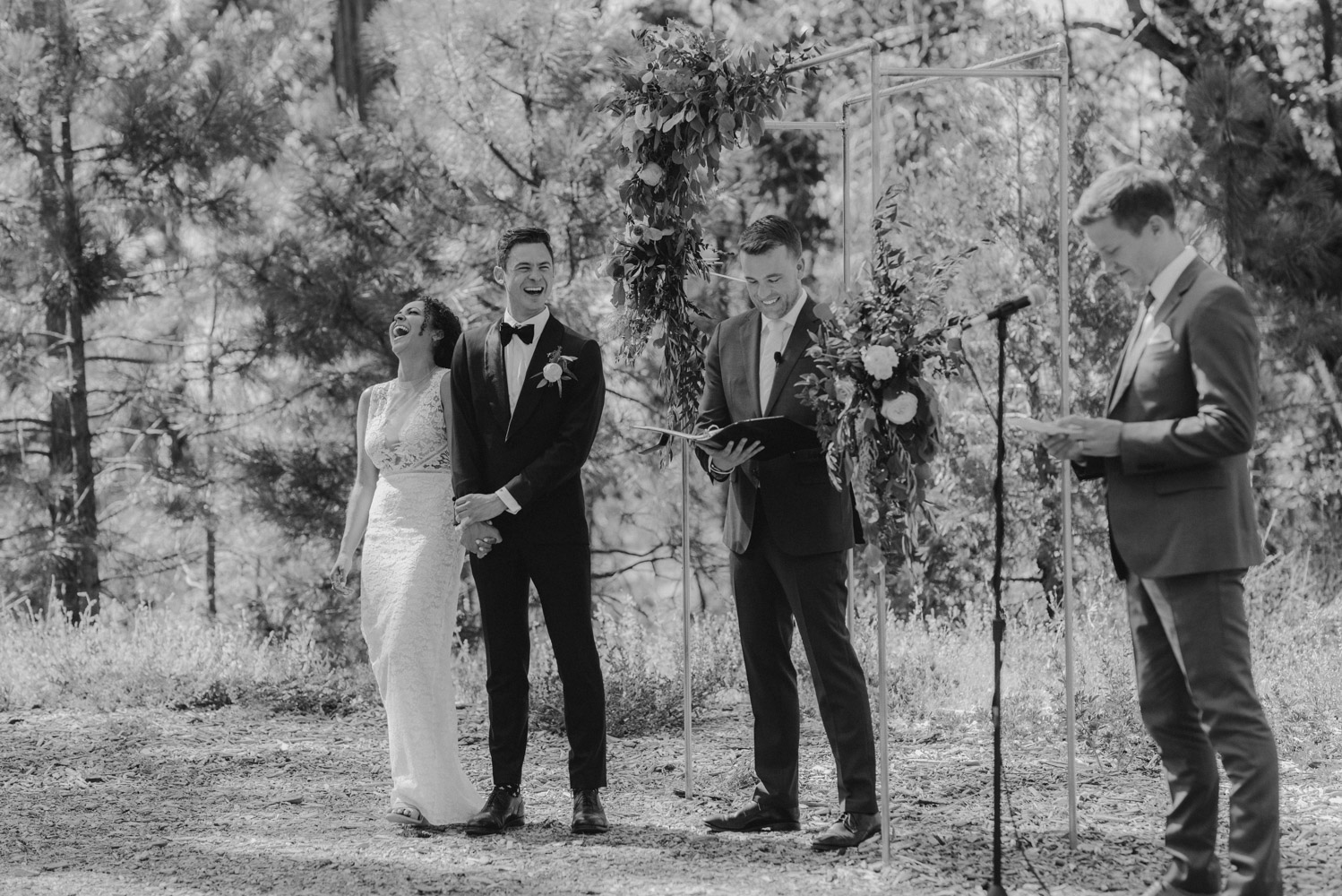 Rush Creek Lodge Wedding, photo of couple at the ceremony, California Love being read to them