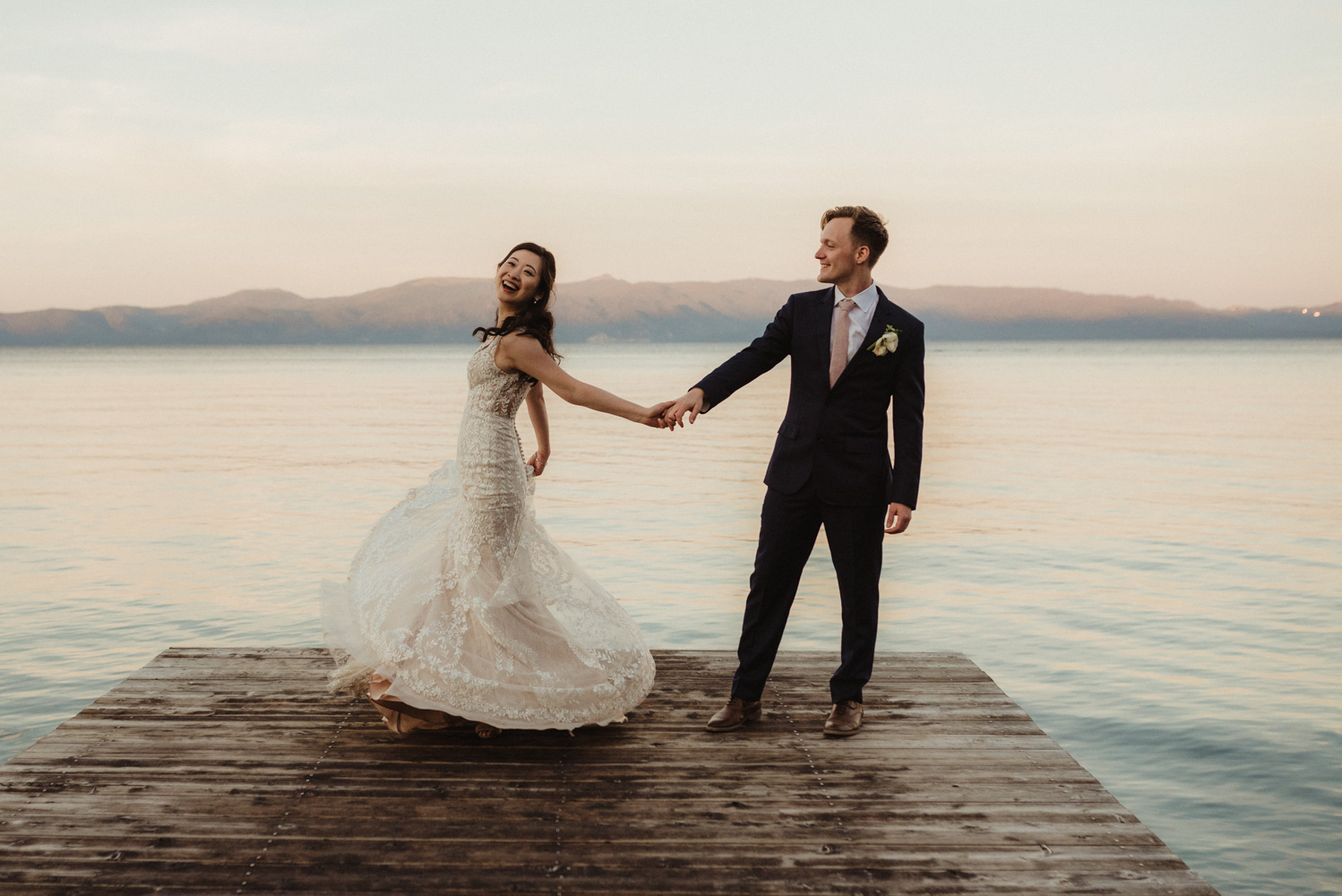 Hellman-Erman Mansion Wedding, photo of couple at sunset on the dock