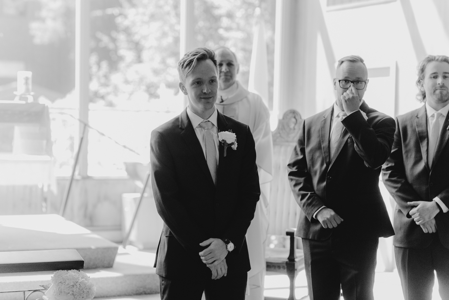 Hellman-Erman Mansion Wedding, photo of groom waiting for the bride at the end of the aisle 