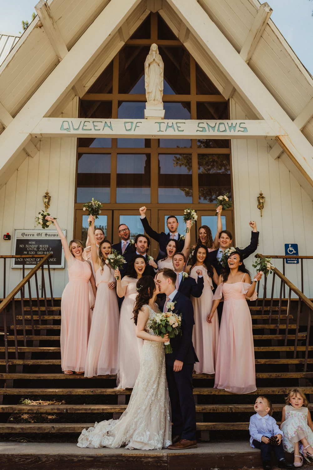 Hellman-Erman Mansion Wedding, photo of bridal party in front of the church (Quen of the Snows)