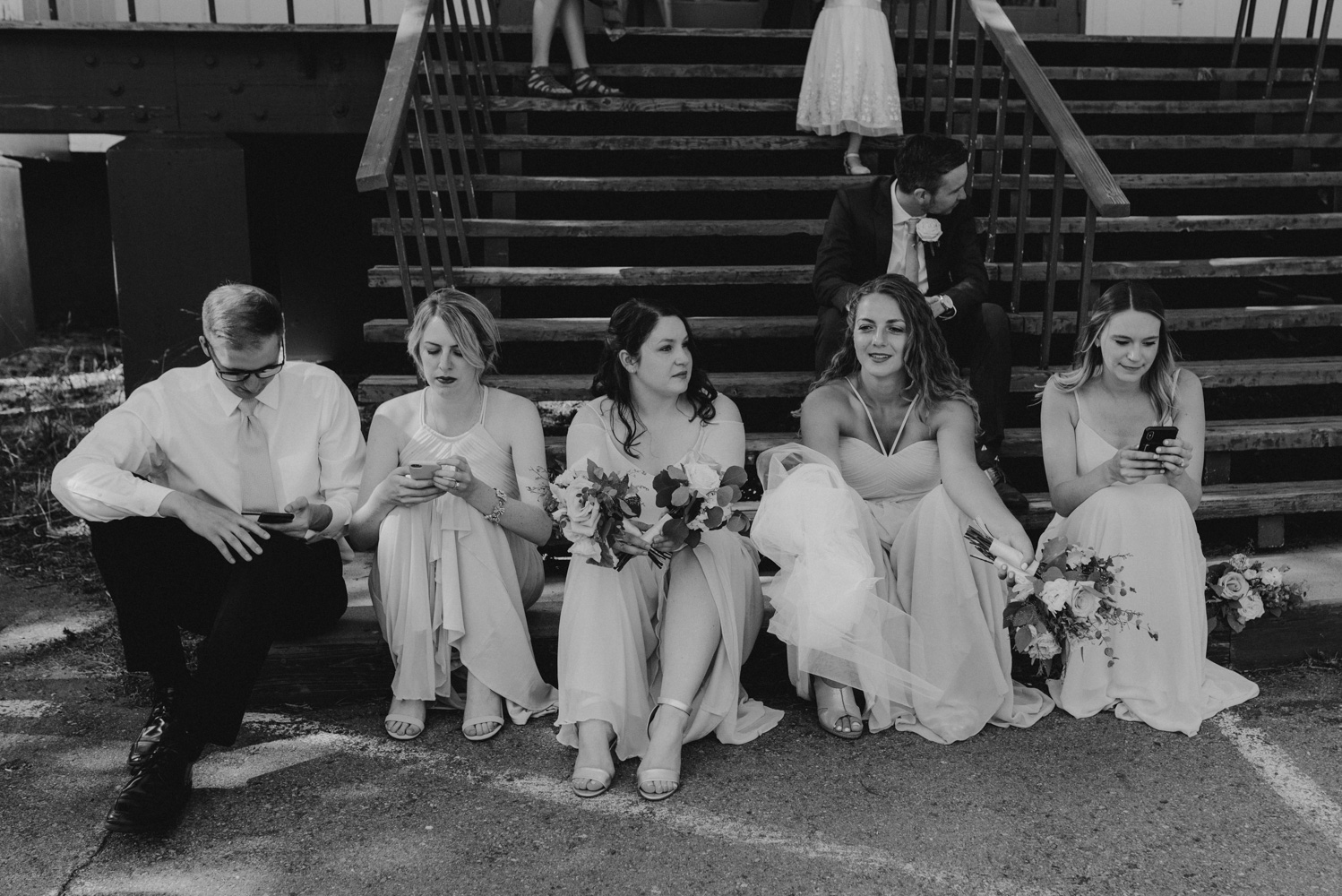 Hellman-Erman Mansion Wedding, photo of bridal party relaxing 