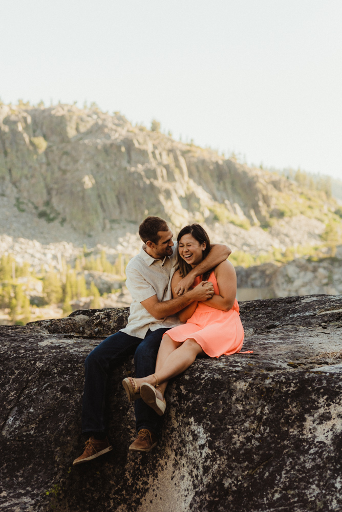 Lake Tahoe Wedding Photographer, photo of couple sitting on a granite rock