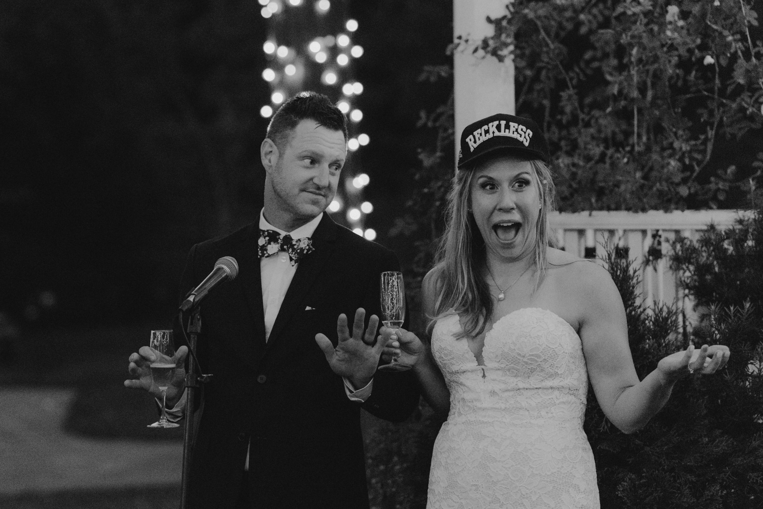 Twenty Mile House Wedding Photographer, bride wearing reckless wife cap