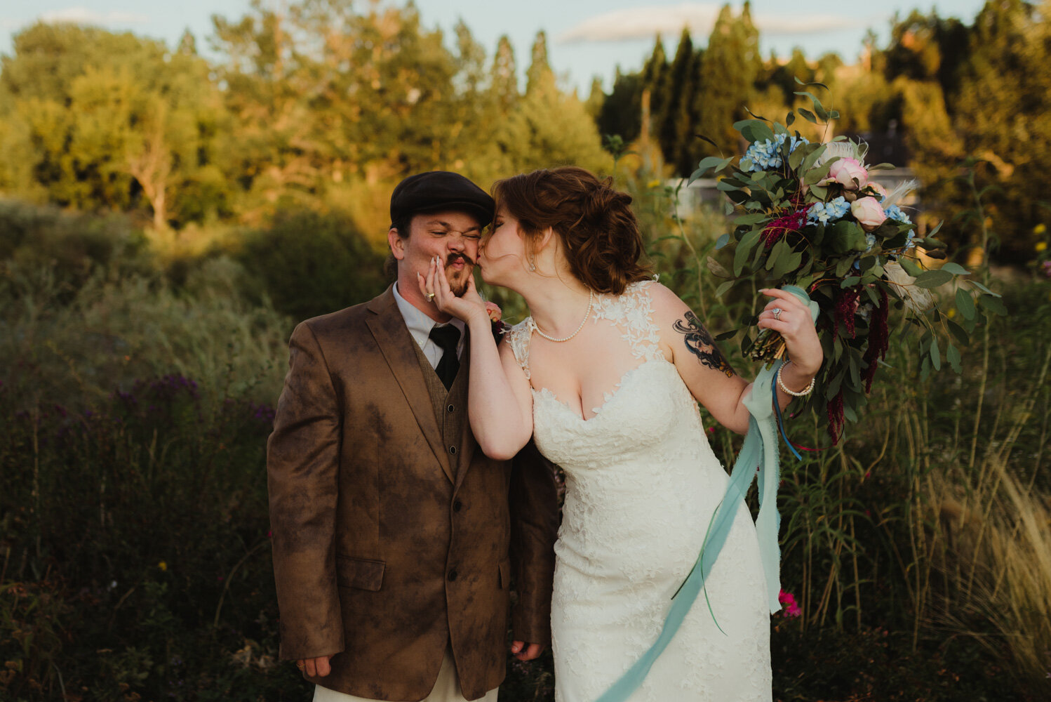 River School Farm Wedding, silly photo of couple playing around 