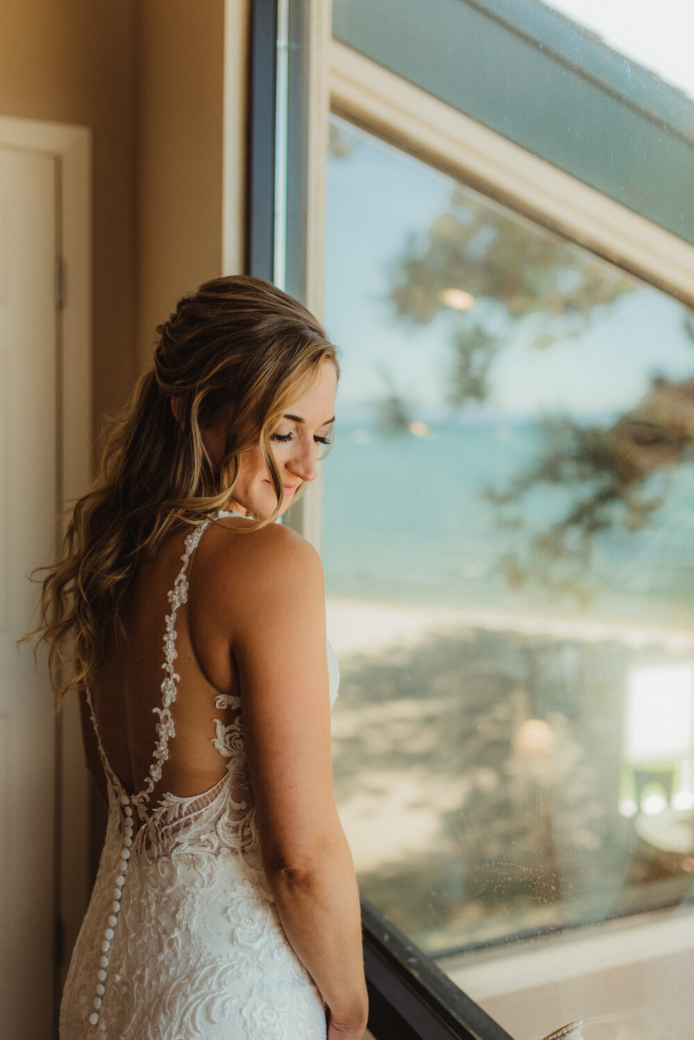 Edgewood Tahoe Wedding, bride looking over her shoulder photo