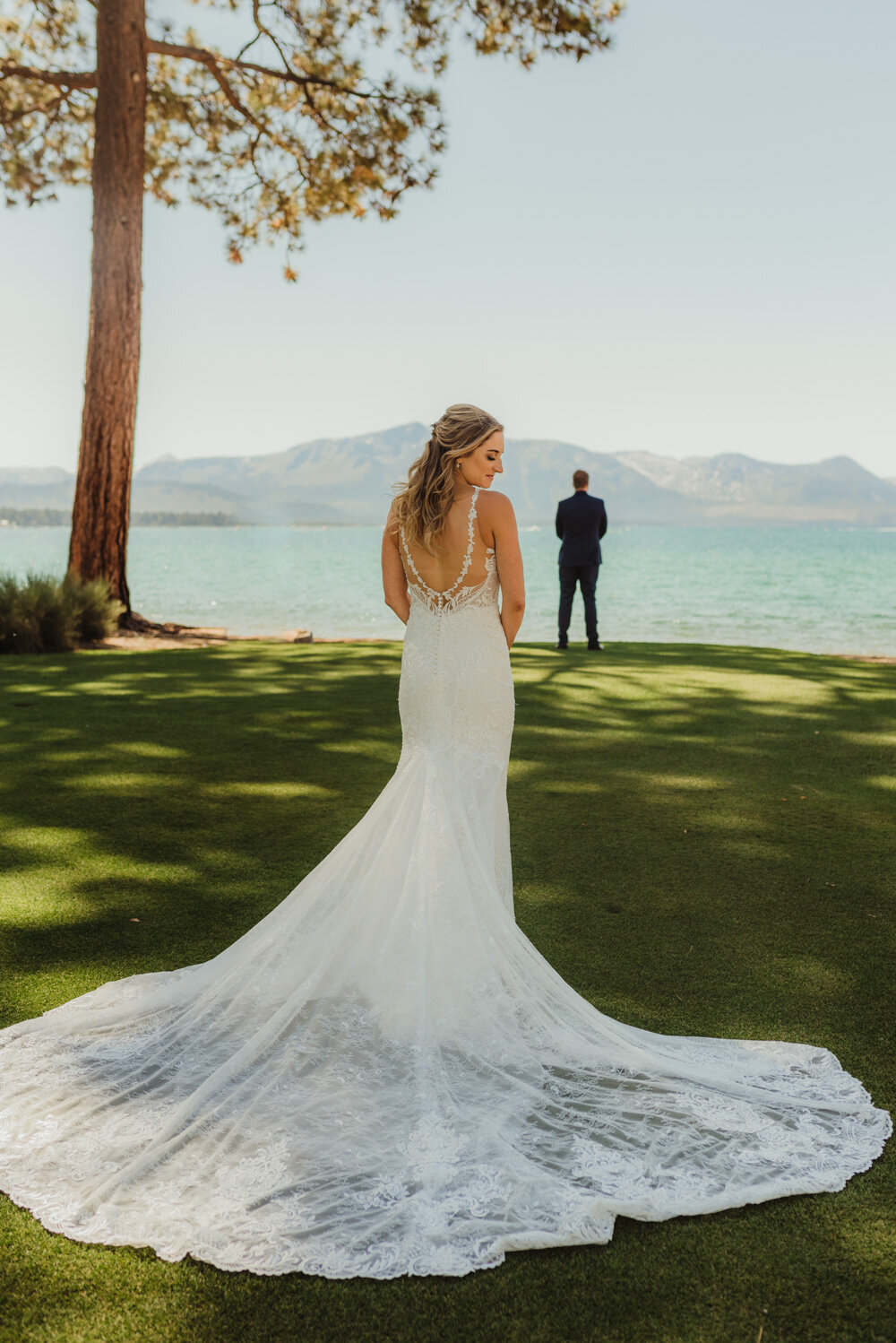 Edgewood Tahoe Wedding, photo of bride with a long train 