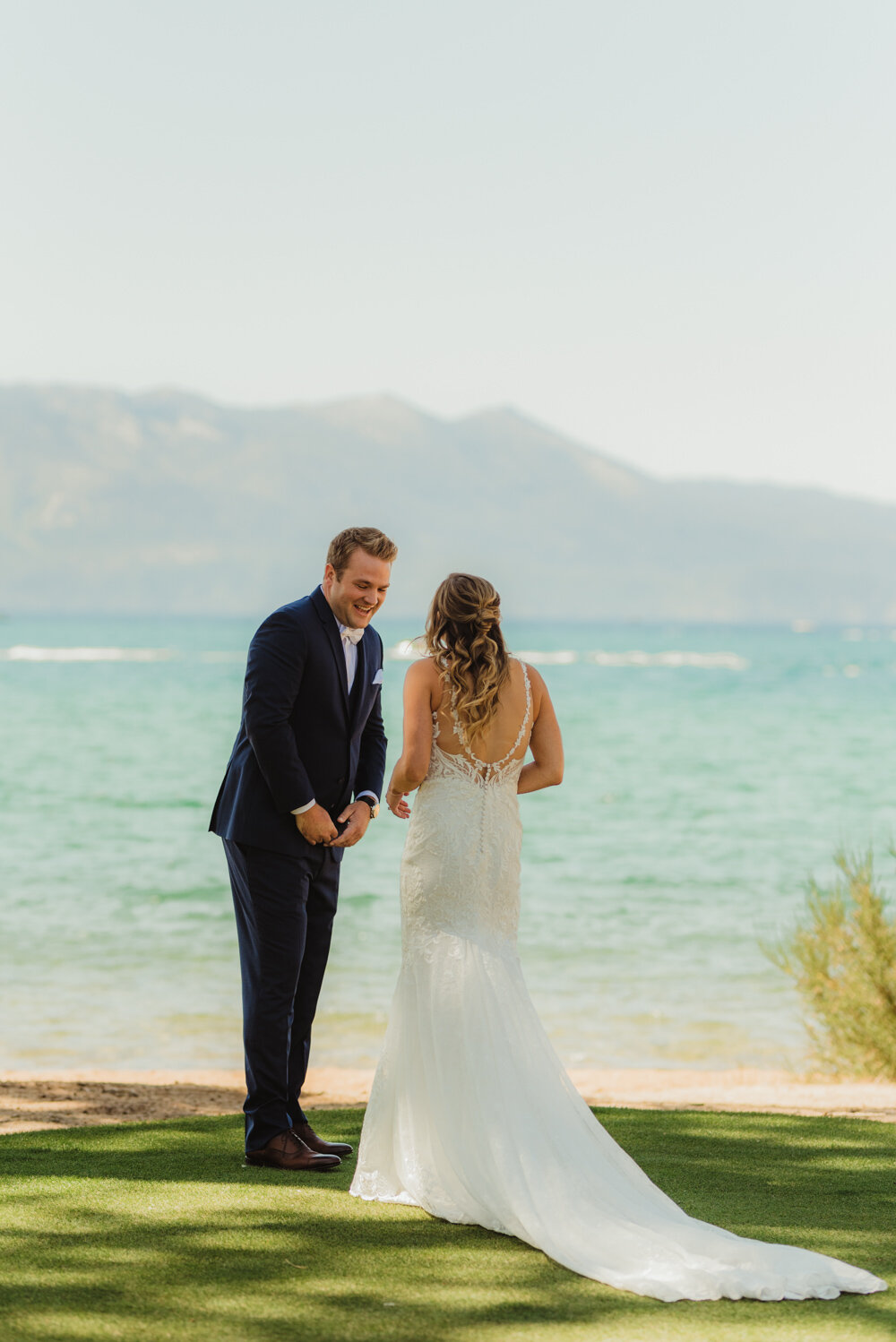 Edgewood Tahoe Wedding, photo of groom seeing his bride for the first time 