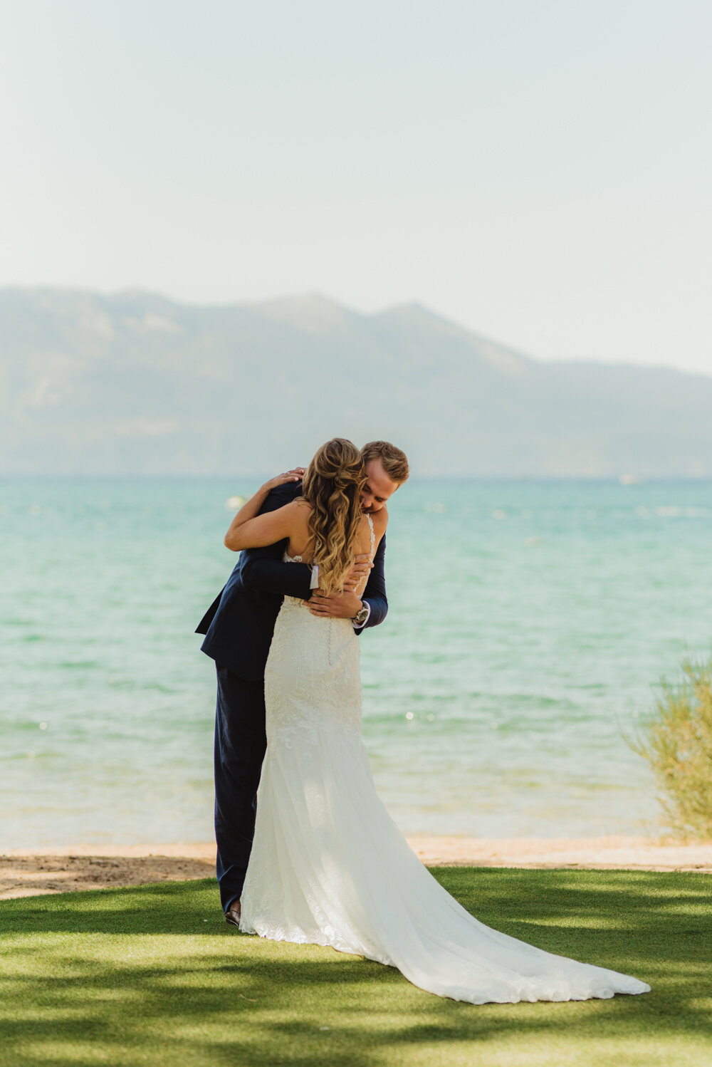 Edgewood Tahoe Wedding, photo of couple hugging after their first look