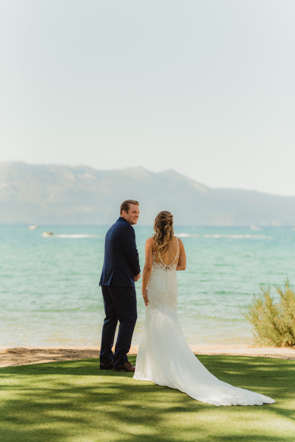 Edgewood Tahoe Wedding, photo of groom seeing his bride 