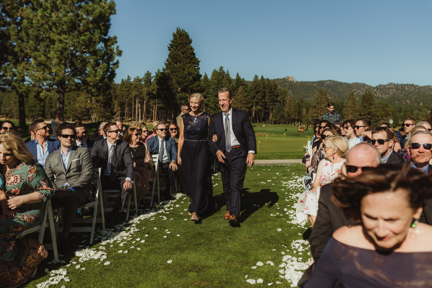 Edgewood Tahoe Wedding, photo of brides parents walking down the aisle 
