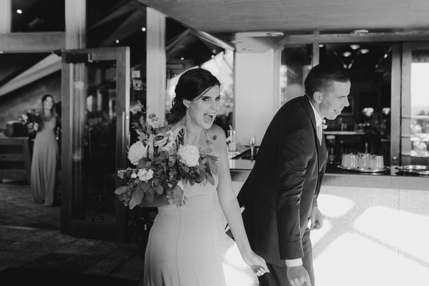 Edgewood Tahoe Wedding, photo of bridesmaid doing a grand entrance
