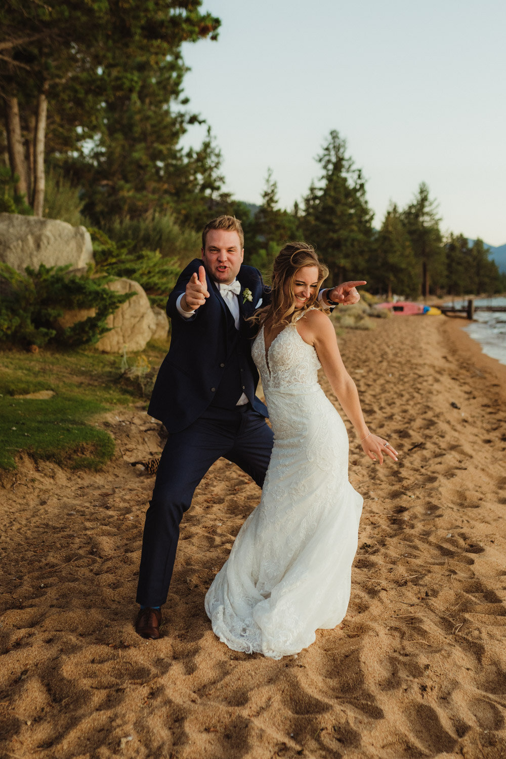 Edgewood wedding, photo of couple playing around at the beach