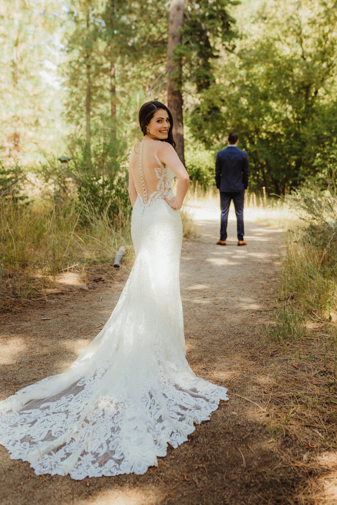 The Chateau Incline Village Wedding, photo of bride looking over her shoulder