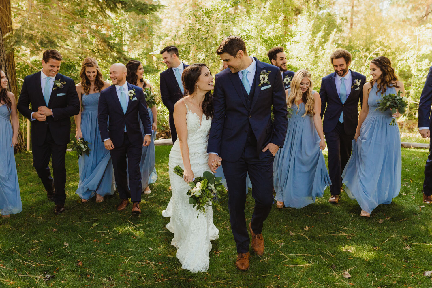 The Chateau Incline Village Wedding, bridal party photo with everyone in blue