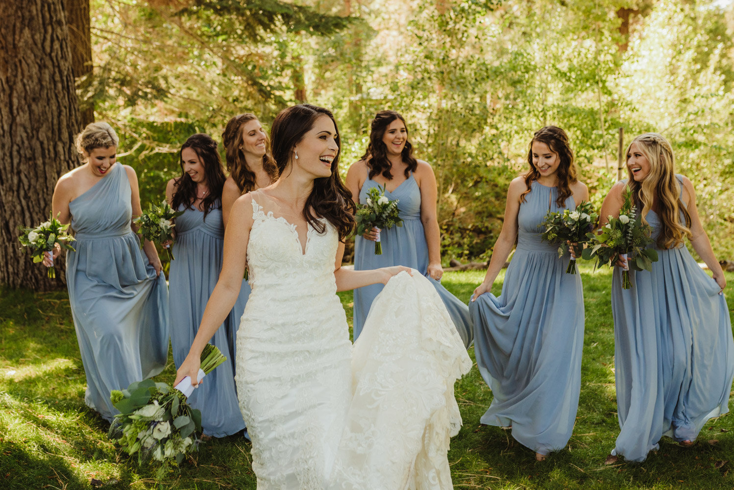 The Chateau Incline Village Wedding, photo of bride and bridesmaids in blue dresses