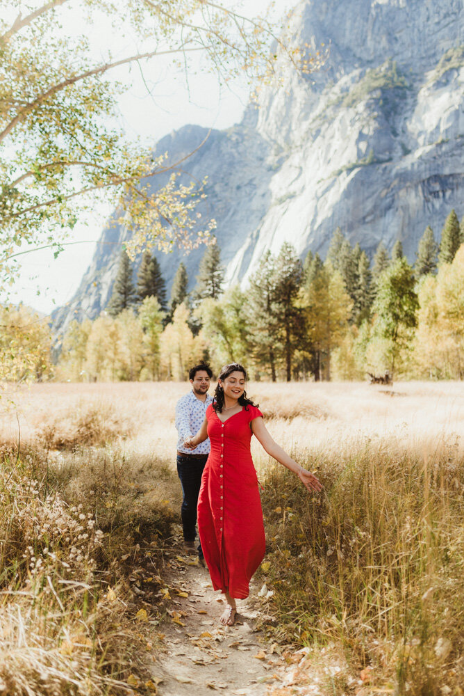 Yosemite Engagement Session, couple walking in the meadows and touching the plants photo