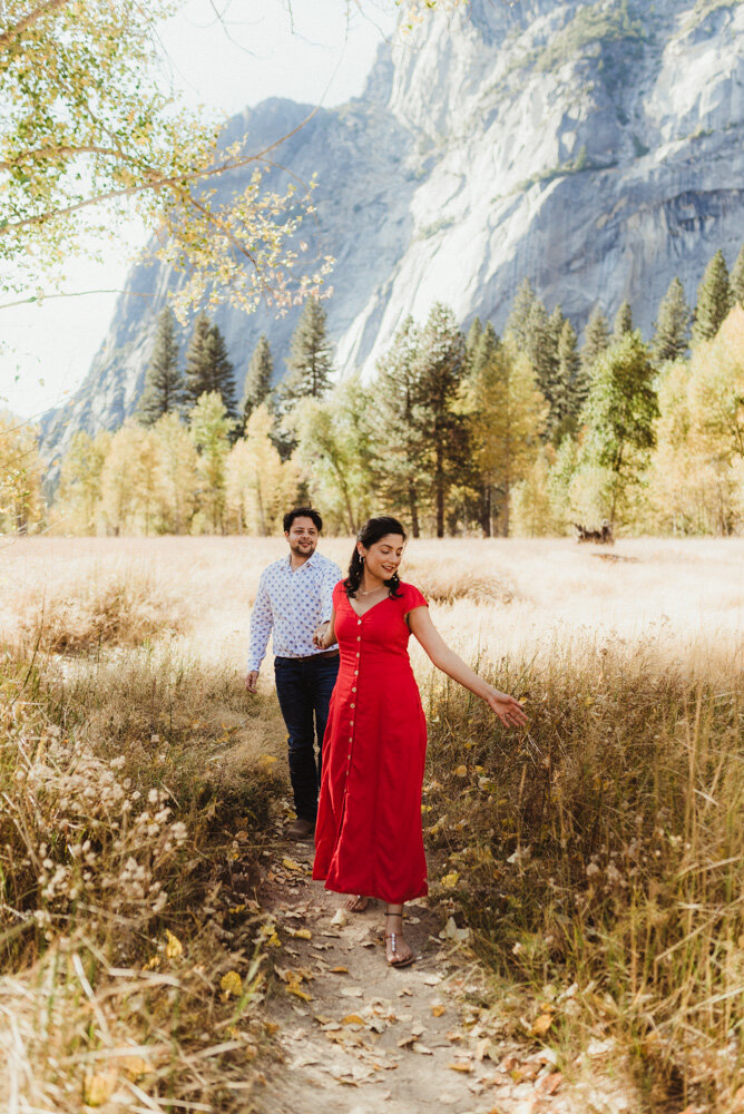 Yosemite Engagement Session, couple staying on the trail in the meadows