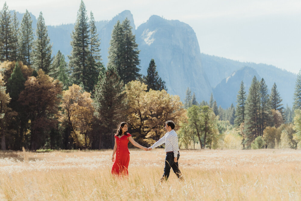 Yosemite Engagement Session, couple walking near el capitan meadows