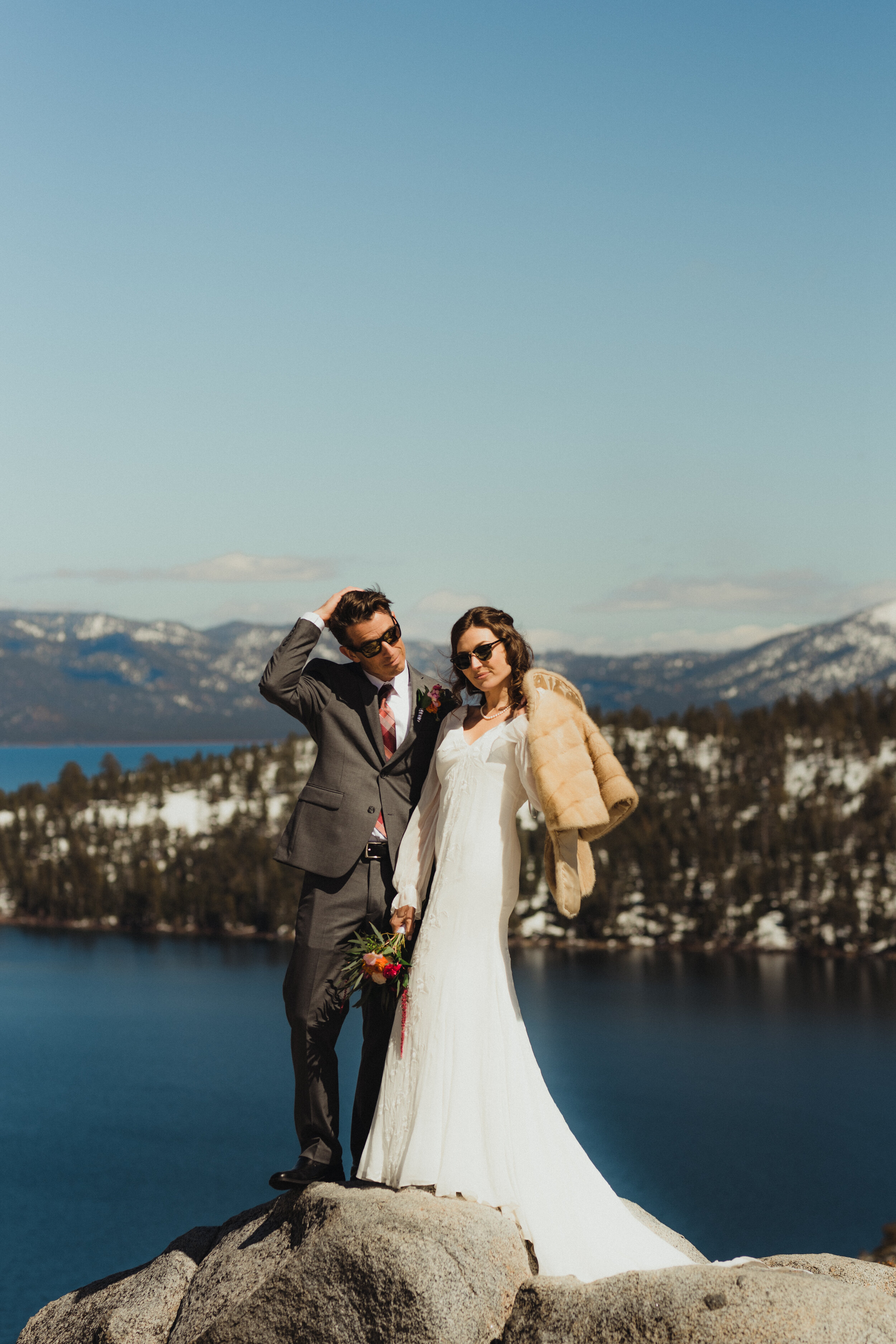 lake tahoe elopement, couple posing in front of Emerald Bay photo