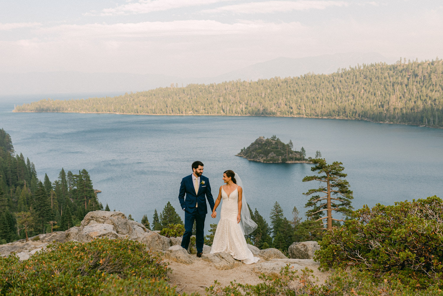 COVID Wedding in Lake Tahoe, couple standing in front of Emerald Bay photo 