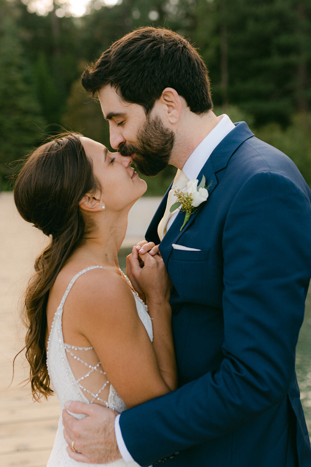 COVID Wedding in Lake Tahoe, photo of groom kissing bride's nose