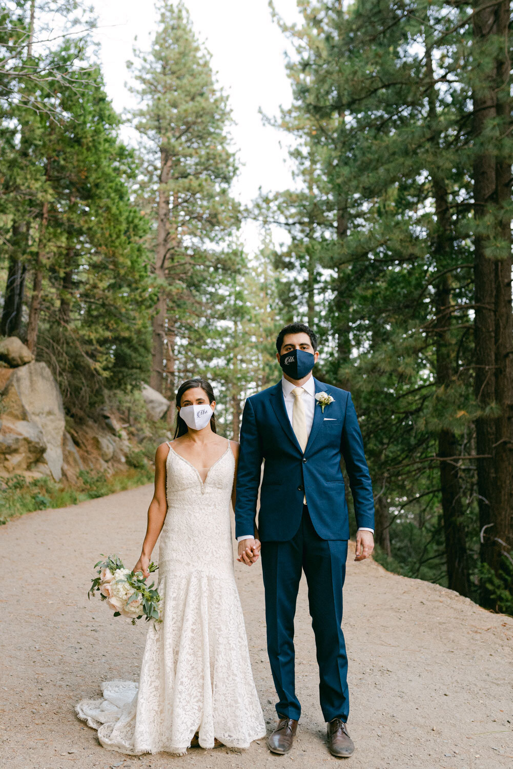 COVID Wedding in Lake Tahoe, couple wearing face masks that say mr and mrs photo