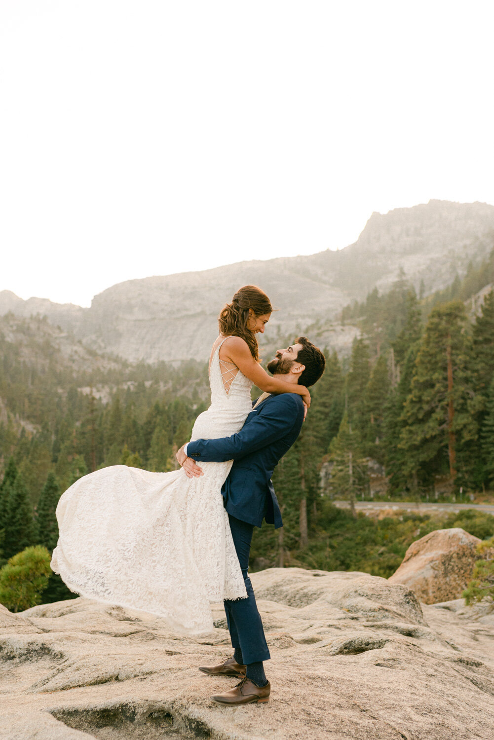 COVID Wedding in Lake Tahoe, couple embracing during golden hour