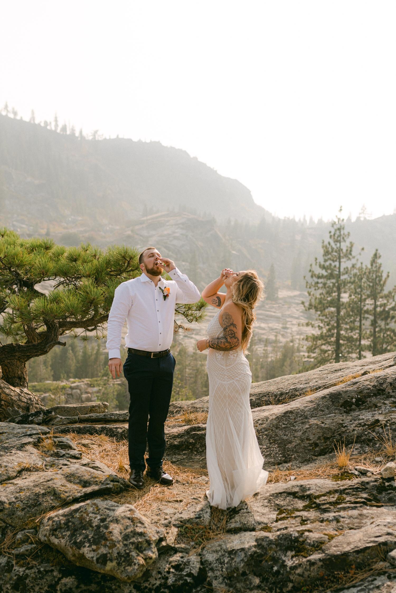 Donner Lake Elopement, photo of couple taking shots before the ceremony