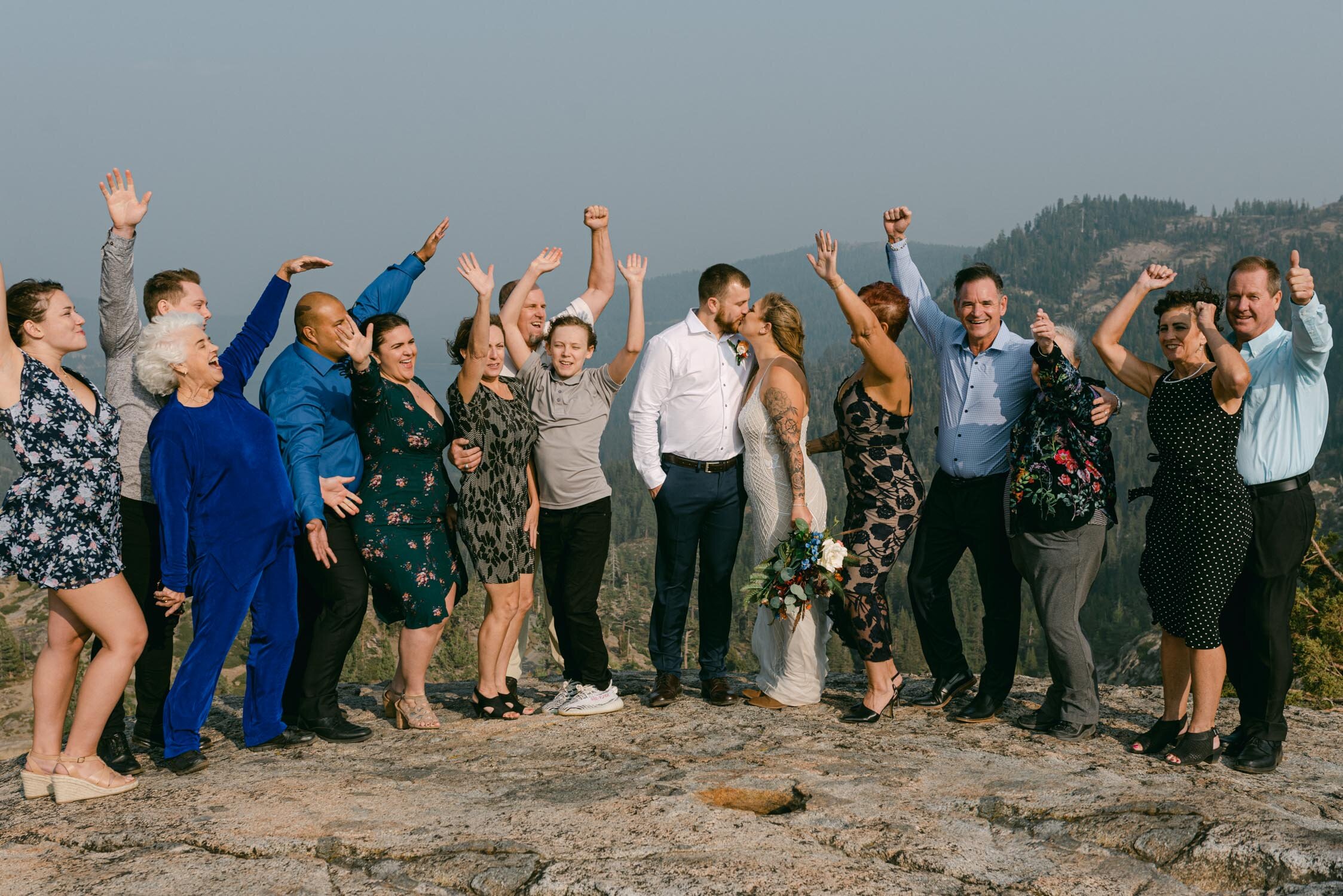 Donner Lake Elopement, photo of family cheering the couple 