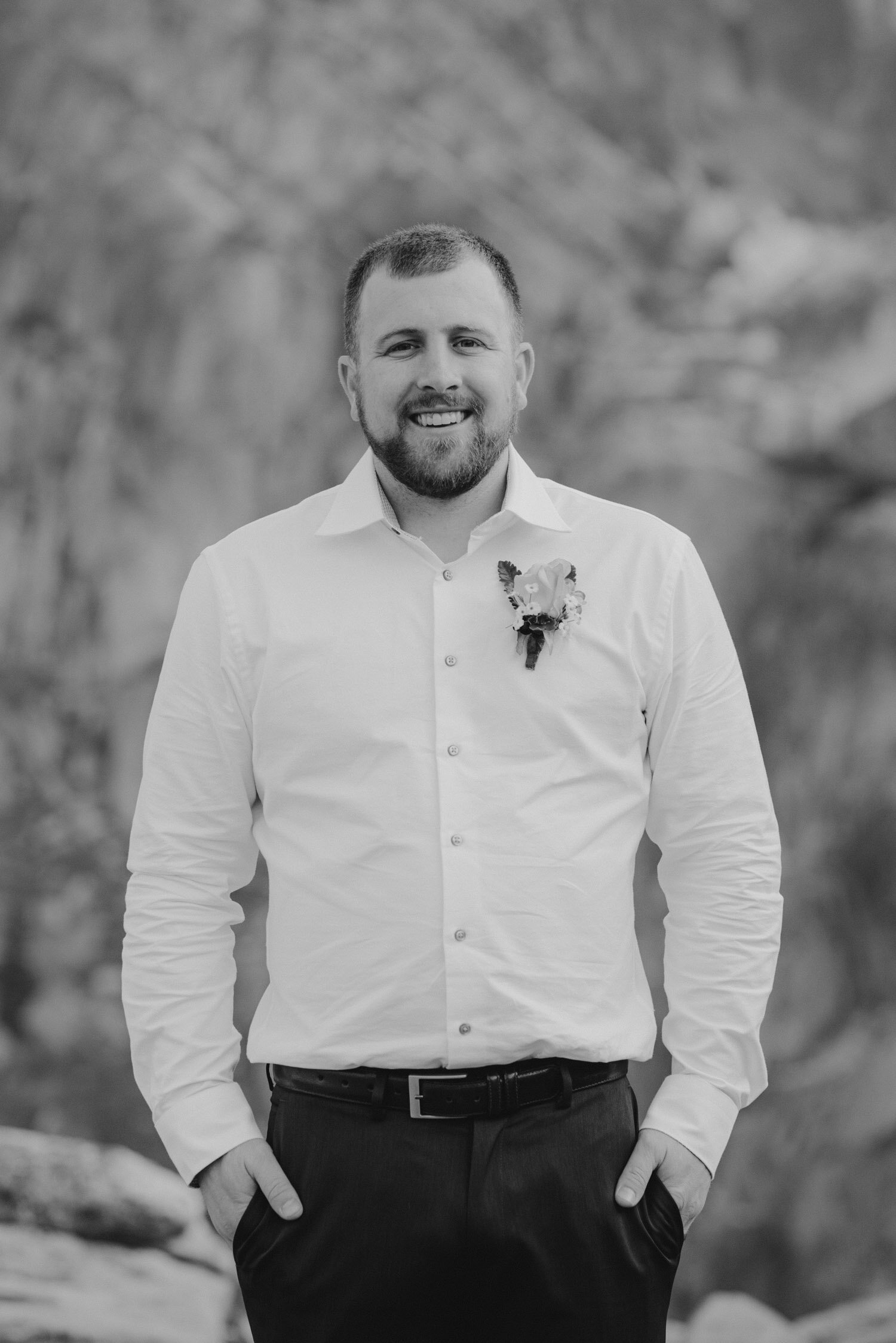 Donner Lake elopement, black and white portrait of groom