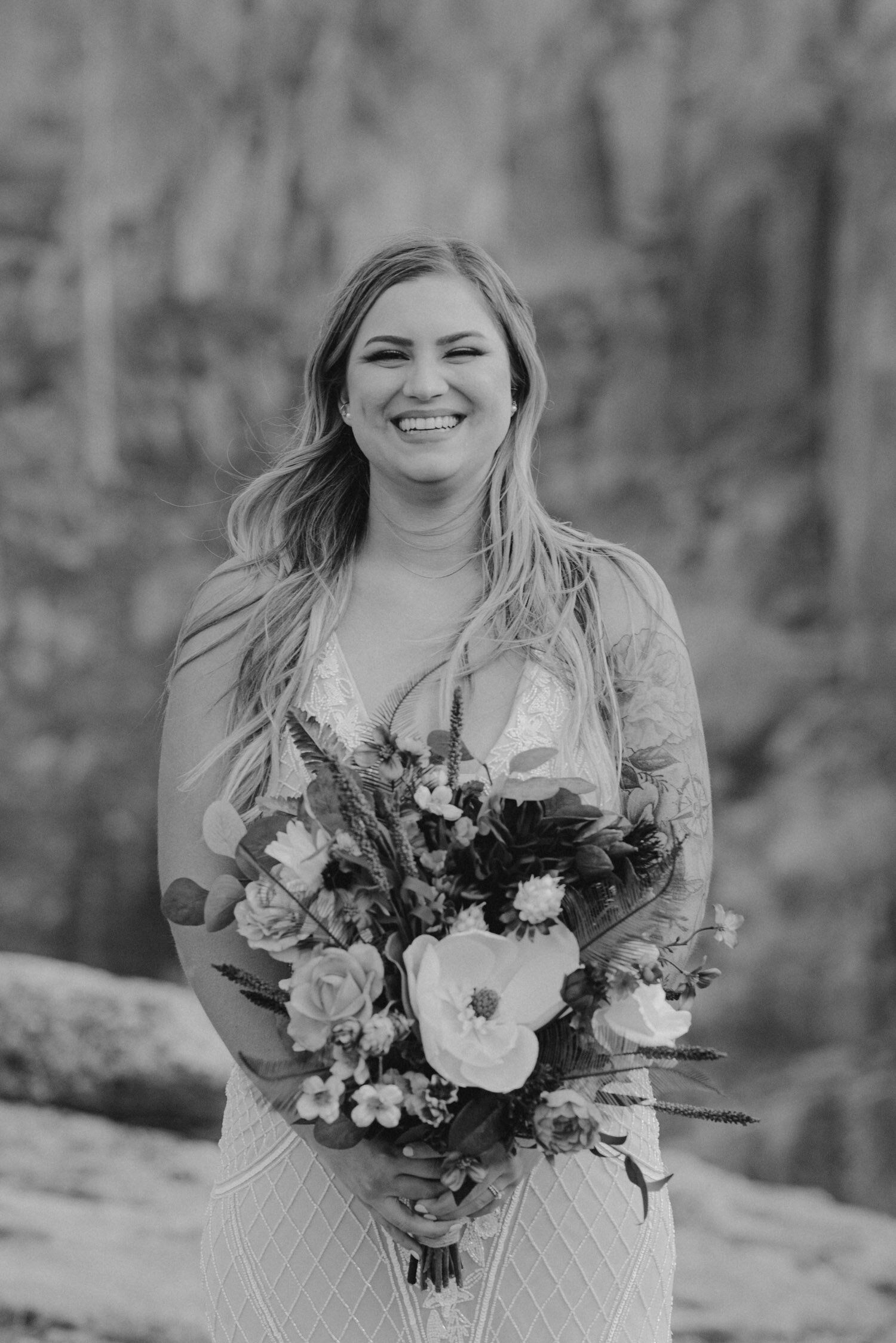 Donner Lake elopement, black and white photo of bride