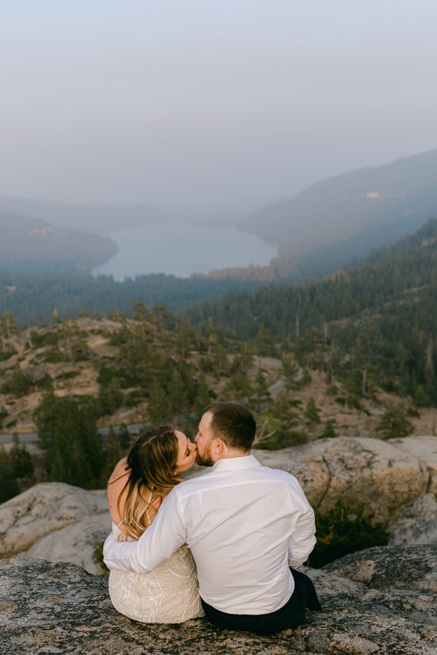 Donner Lake elopement, photo of couple kissing over Donner Lake