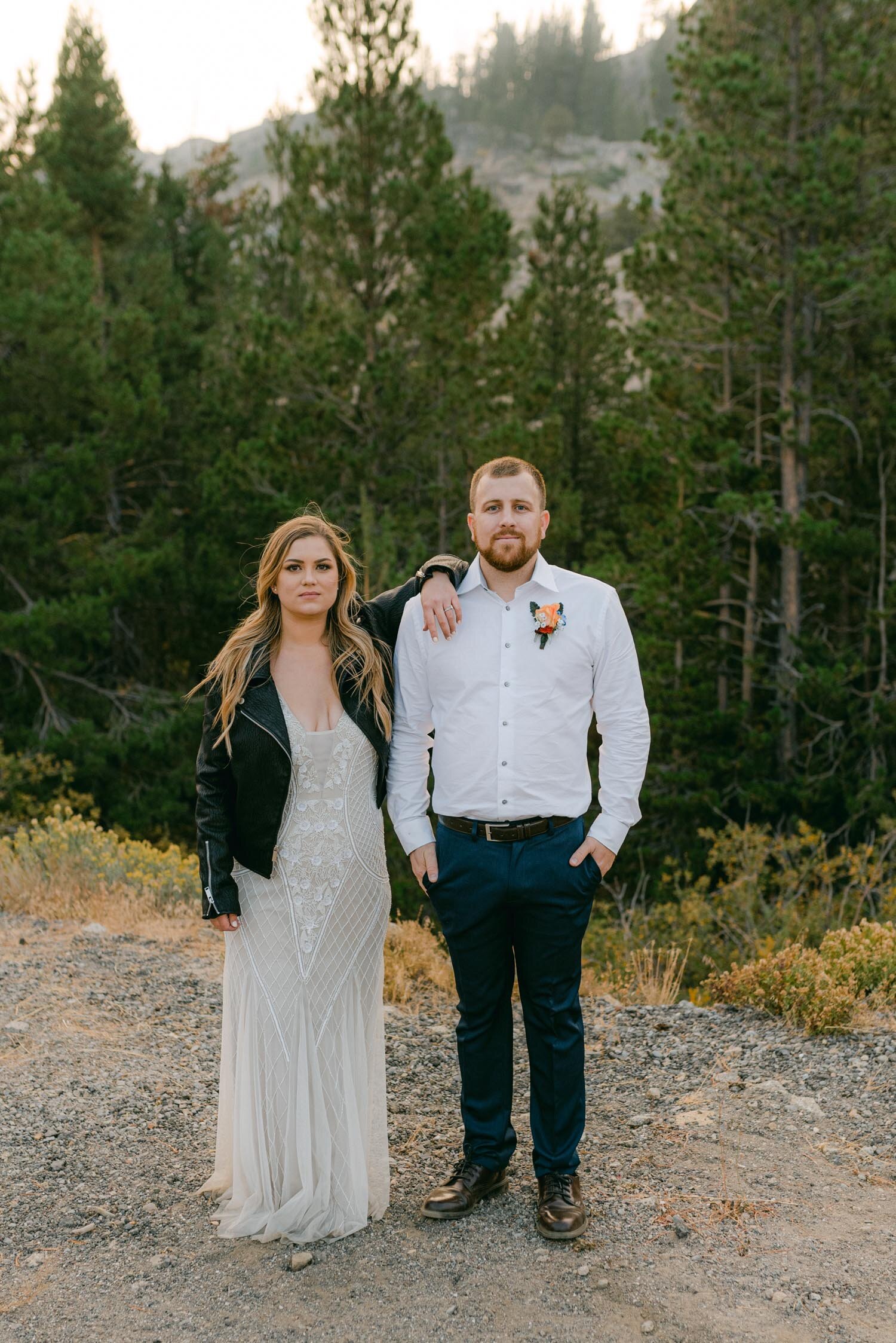Donner Lake elopement, photo of couple not smiling at the camera, aka cool kids photo