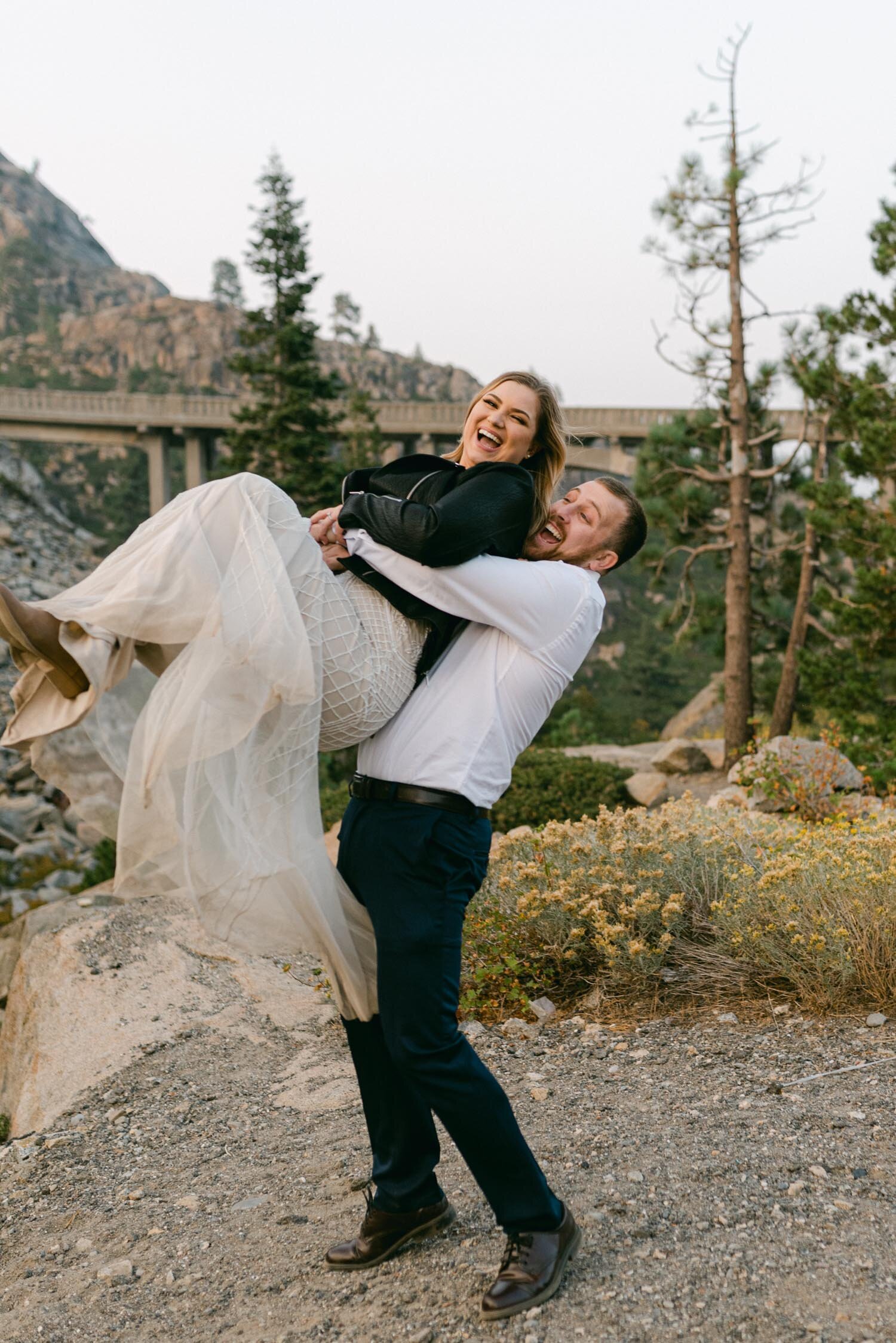 Donner Lake elopement, photo of couple having fun