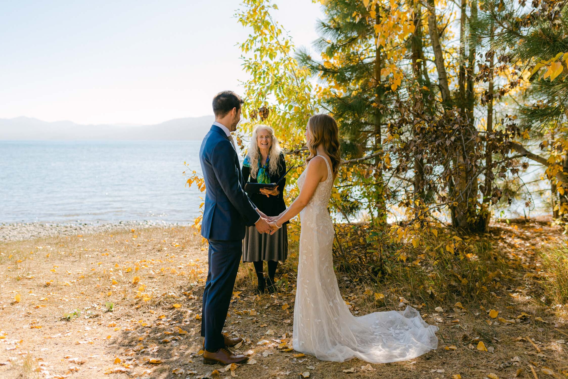 Fall Lake Tahoe wedding, photo of couple during their ceremony