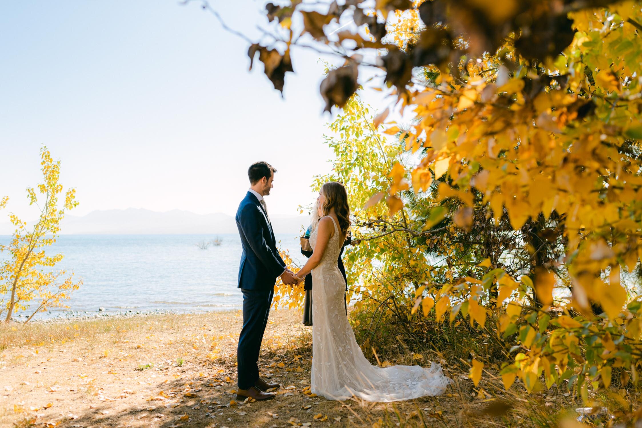 Fall Lake Tahoe wedding, photo of couple at their ceremony 