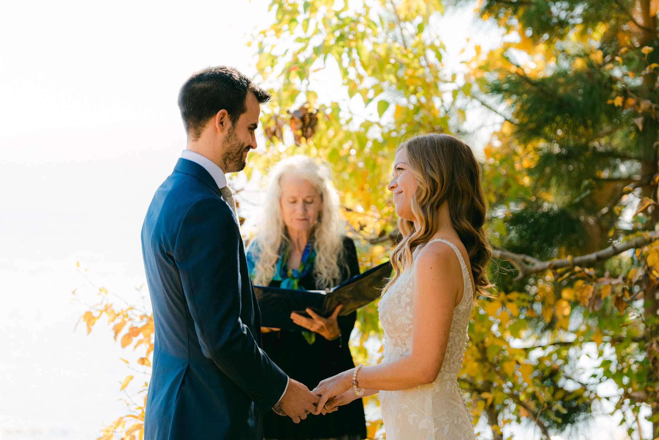 Fall Lake Tahoe wedding, photo of couple looking at each other during their ceremony
